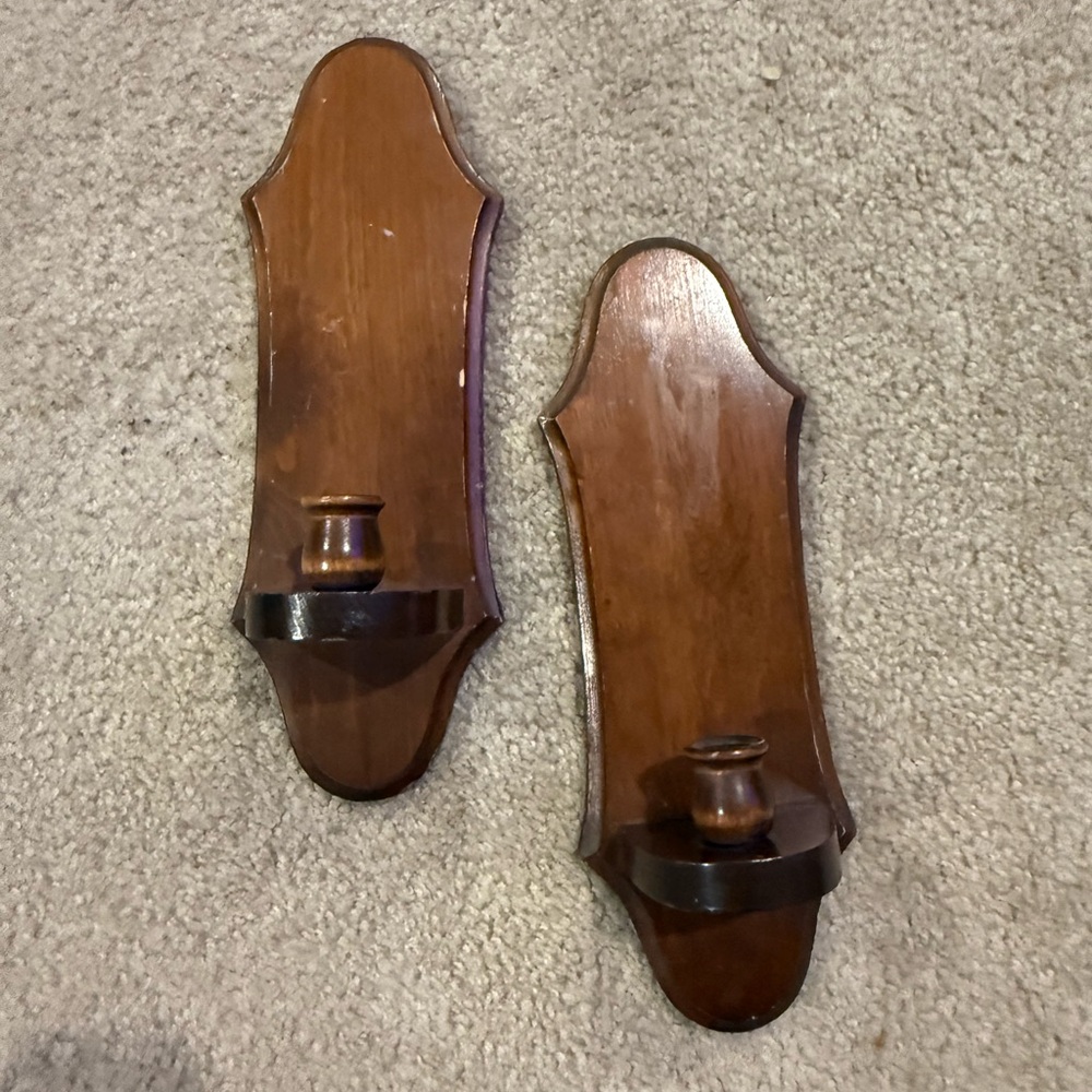 Vintage Wooden Wall Candle Sconces - Brown (Pair)
